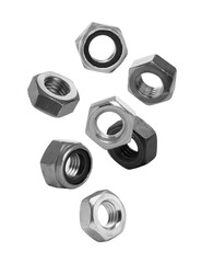 Different metal nuts falling against white background