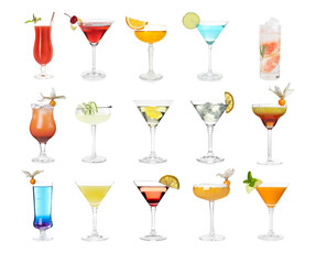 Variety of cocktails on glasses isolated on white, set