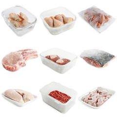 Different frozen food products isolated on white, set