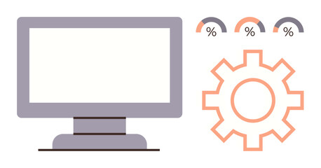 Desktop monitor, gear icon, and percentage graph gauges suggesting analytics, functionality, and workflow. Ideal for technology, automation, data analysis, productivity IT systems process