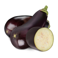 Fresh ripe eggplants isolated on white. Whole and sliced