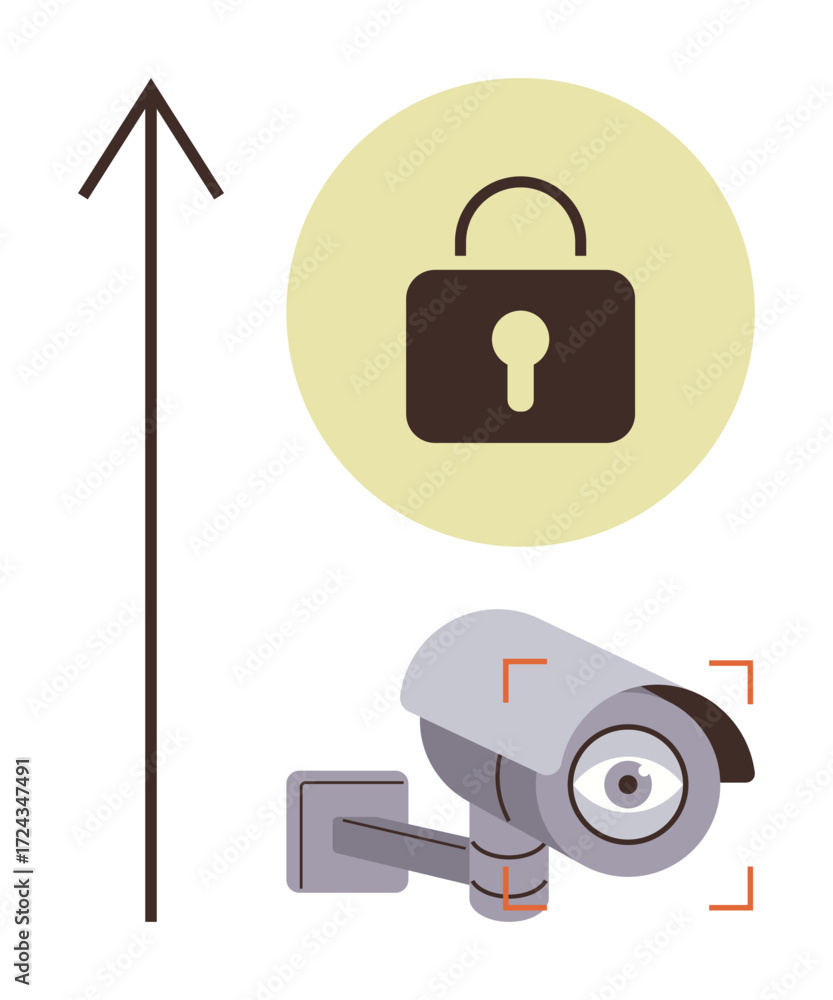 Poster surveillance camera in action with red focus marks, lock icon for security, and upward arrow. ideal 