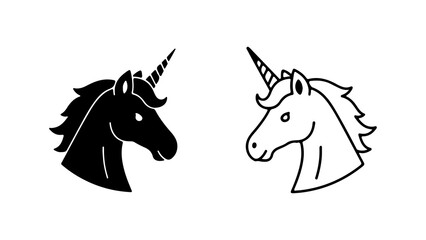 Stylized unicorn head illustrations mythical fantasy creatures magic symbols.