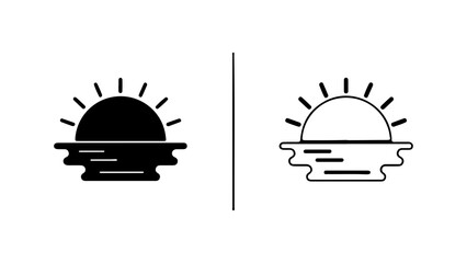 Sunset Over Water Silhouette and Outline Icon Set.