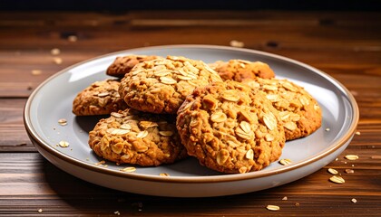 Plate of oatmeal cookies on a wooden table