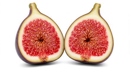 Halved figs reveal vibrant red interiors bathed in soft light. AI Generated