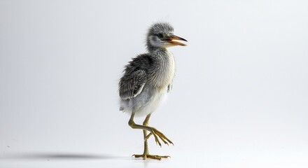 Obraz premium Fluffy grey heron chick stands delicately soft light background. AI Generated