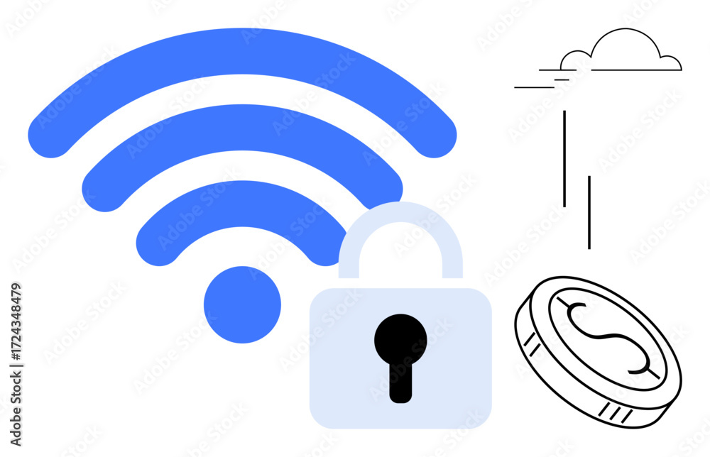 Aufkleber wireless signal icon, lock symbol, and coin outline for themes of cybersecurity, wireless networks, 