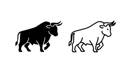 Two black and white bull images side view simple line art style.