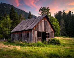 Rustic barn at sunset in a meadow