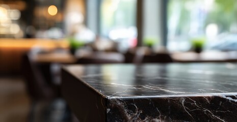 Fototapeta premium Empty black marble table surface with blurred cafe or restaurant background, perfect for product display