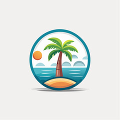 Tropical Island Paradise: Palm Tree, Ocean, and Sunset in a Circular Design
