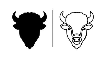 Two buffalo head illustrations one black silhouette one white outline focused on animal head details simple and clean design. © Adobe