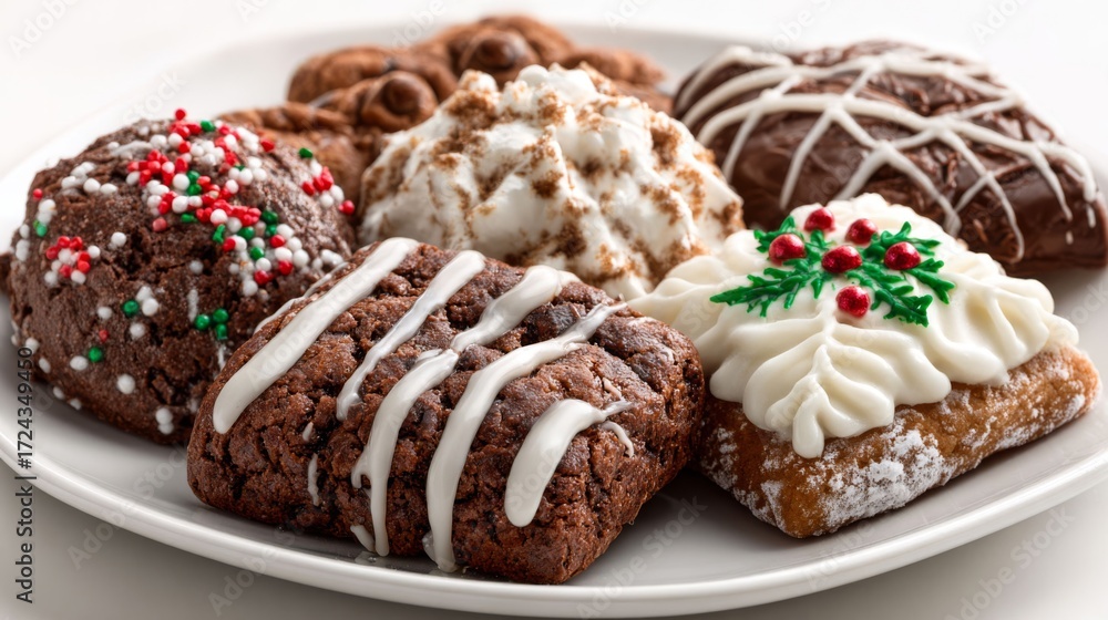 Poster a plate of assorted cookies with white frosting and decorations. the cookies are of different shapes