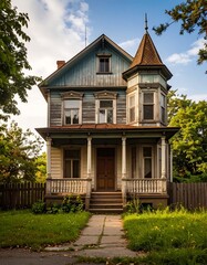 Abandoned Victorian home, serene autumn day