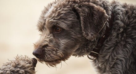 Curious dog attentively sniffs another playful pup soft fur bathed in warm sunlight. AI Generated