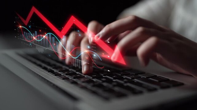 Economic caution visualized with fluctuating market graph, alert symbols, and negative data trends. Represents financial risk, market volatility, and economic uncertainty. Muxer - Powered by Adobe