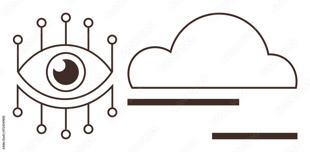 Poster eye with circuits extending outward, linking to a cloud. ideal for technology, data storage, cyberse