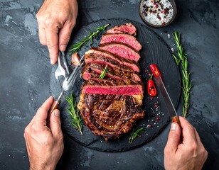 Sliced steak on slate platter, hands holding cutlery
