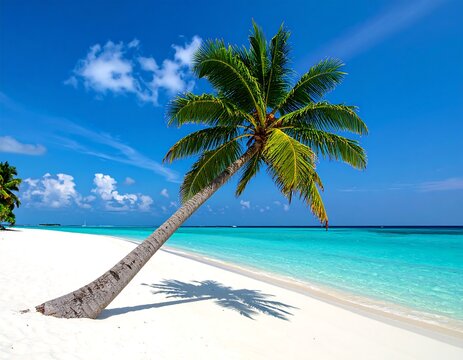 Tropical beach scene with a leaning palm tree - Powered by Adobe