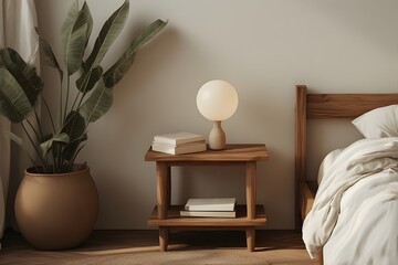 Fototapeta premium Serene minimalist bedroom corner featuring a warm wooden nightstand, a glowing orb lamp, stacked books, and a lush green plant creating a peaceful sanctuary.