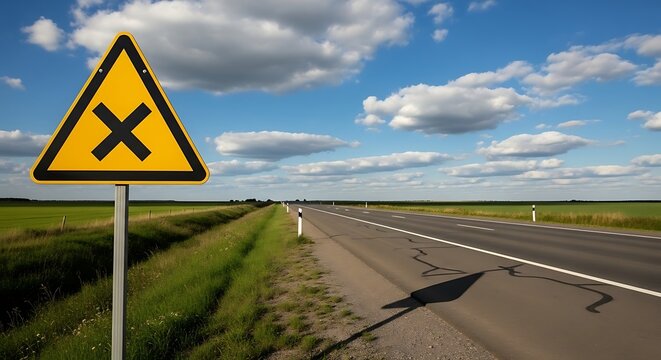 Yellow road sign warns of crossroads ahead on a rural highway under a bright blue sky day