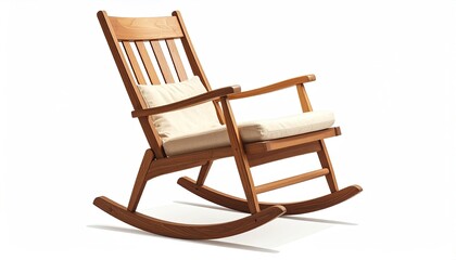 Minimalist Scandinavian flat design of a wooden rocking chair, muted beige and brown, isolated on white.
