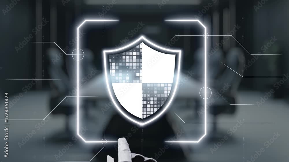 Poster a robotic hand reaches towards a digital interface featuring security elements like shields and lock