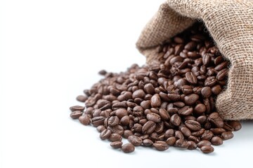 Obraz premium Roasted coffee beans spilling out from rustic burlap sack, creating a rich brown pile on a clear white background