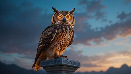 Majestic owl with glowing eyes perched atop a stone pillar against a dramatic sky background