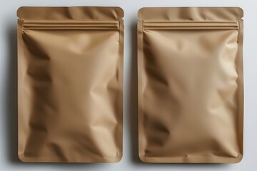 Obraz premium Two blank brown stand-up pouches with resealable zippers ready for your custom branding and product packaging designs