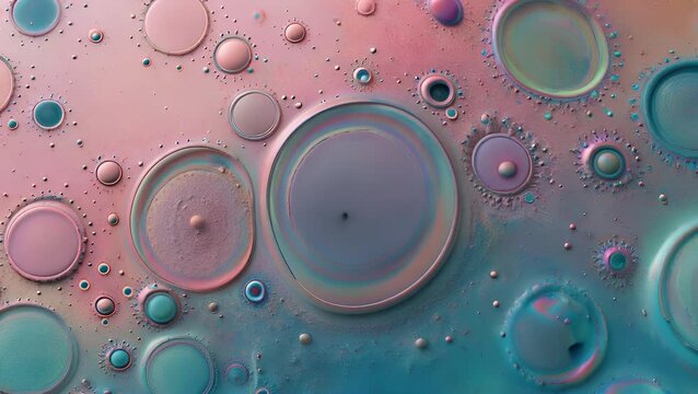 textured artistic surface pattern combining shades of rose and azure with round shaped elements, produced through manual monoprinting technique using gelatin plate