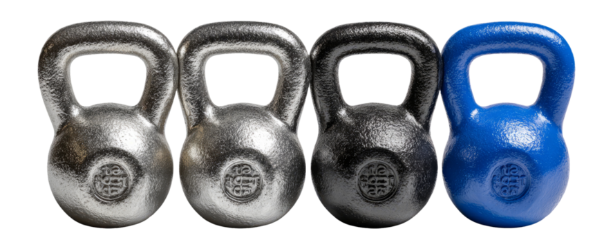 Isolated Kettlebells in Silver, Black, and Blue Colors on Transparent Background