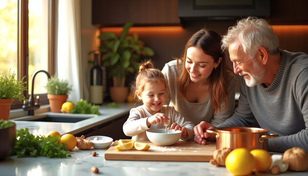 Generational Joy Three Family Members Sharing a Laugh While Cooking Together in a Sunlit, Luxury Kitchen