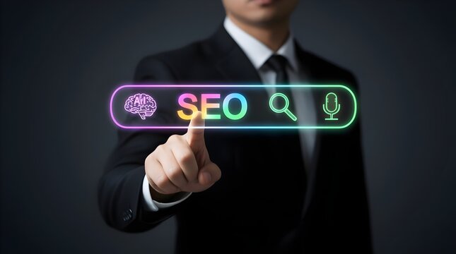 Businessman touching a digital screen with seo icons, representing search engine optimization, marketing strategy, and online business growth