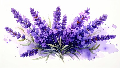 Fototapeta premium Minimalist watercolor-style illustration of a lavender bouquet, soft purple tones, isolated on white. 
