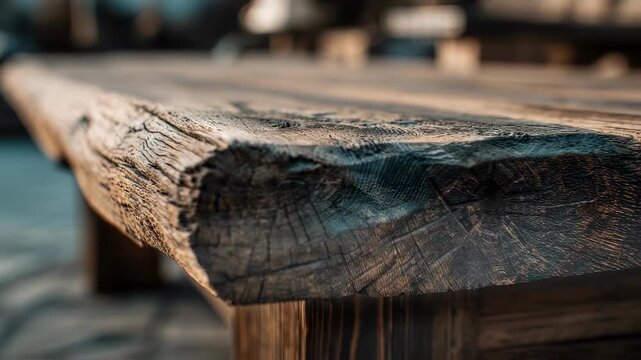 Focus on upcycled wood coffee table details featuring unique textures with soft blurred surroundings emphasizing sustainability.