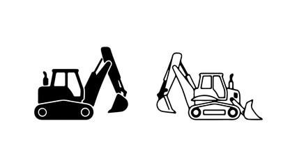 Two excavator icons one black and one outline on white background.
