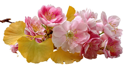 Delicate pink cherry blossoms and yellow leaves isolated on transparent background