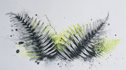 Abstract fern leaves shaded in graphite with watercolor splashes