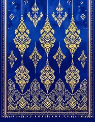Intricate gold designs on a deep blue background