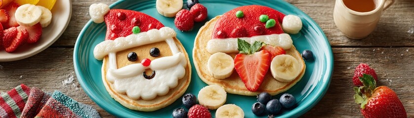 Festively decorated pancakes resembling Santa, adorned with fruits and whipped cream, served on a vibrant blue plate, perfect for holiday breakfasts.