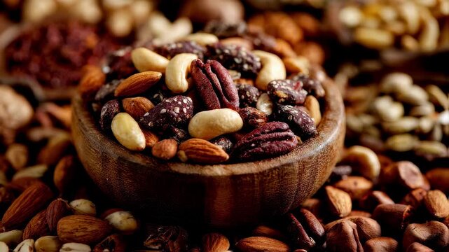 Closeup of a wooden bowl filled with assorted roasted nuts sharply in focus surrounded by blurred raw nuts and seeds in the background.