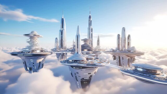 White futuristic city floats among white clouds under a blue sky at sunrise. Modern buildings and futuristic airships create a utopian scene.