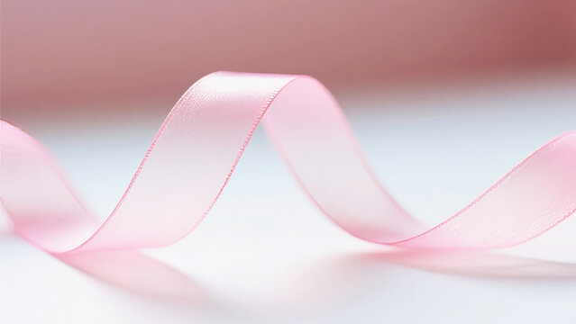 A soft pink ribbon curled on a light surface with a blurred background