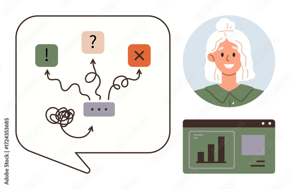 Poster flowchart with decision symbols, user portrait, and analytics screen representing solutions and deci