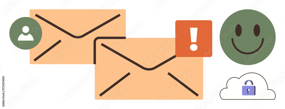 Poster two envelopes, exclamation mark, smile, cloud with padlock, and user icon. ideal for email, messagin