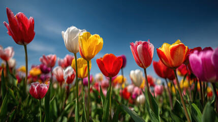 Colorful tulips blooming in a sunny field with a clear blue sky displaying a vibrant array of red, yellow, pink, and white flowers swaying gently in the breeze.