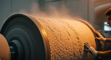 Experienced worker inspects spinning industrial drum covered with fine powder in modern factory under warm technical lighting, emphasizing manufacturing process and quality control