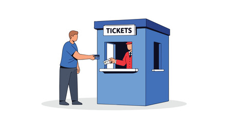 Purchasing entrance passes for event, depiction of entertainment access acquisition process at the booth with a worker interaction